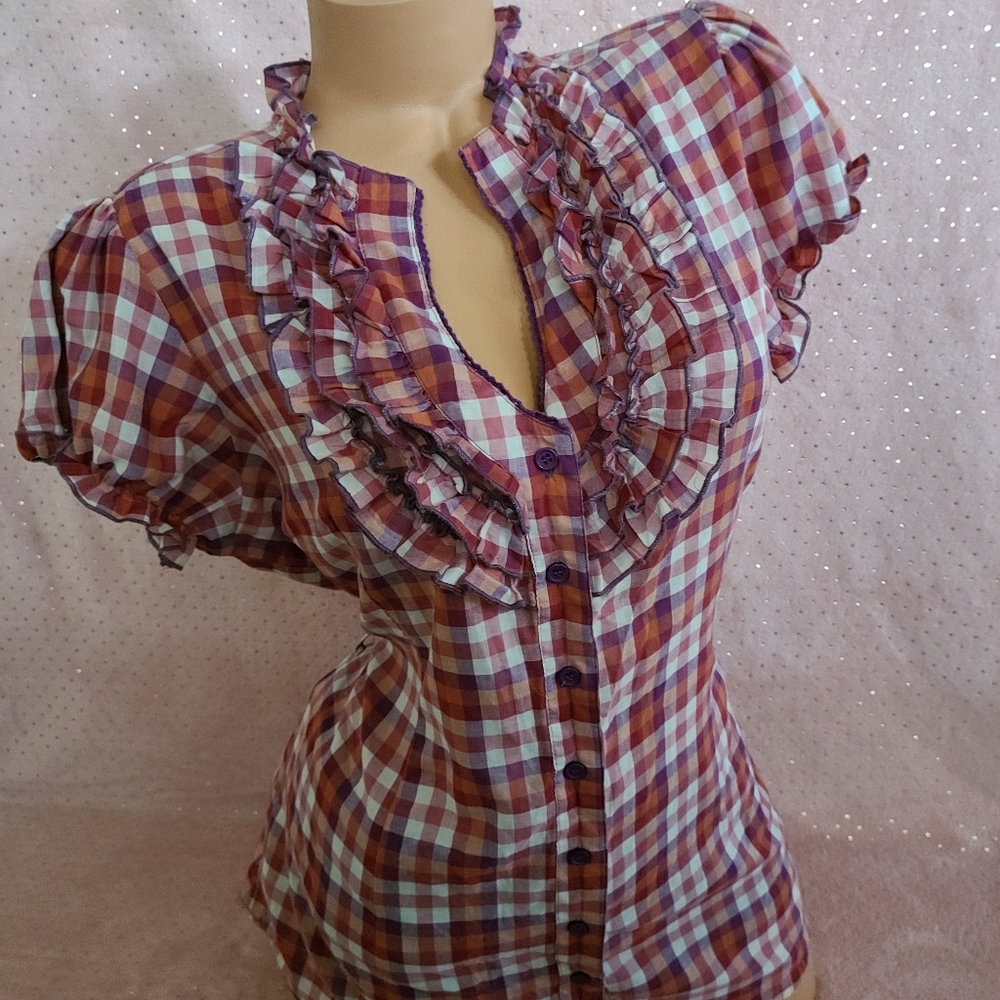 Max Rave Ruffle Front Buttin Down Plaid Shirt ♡